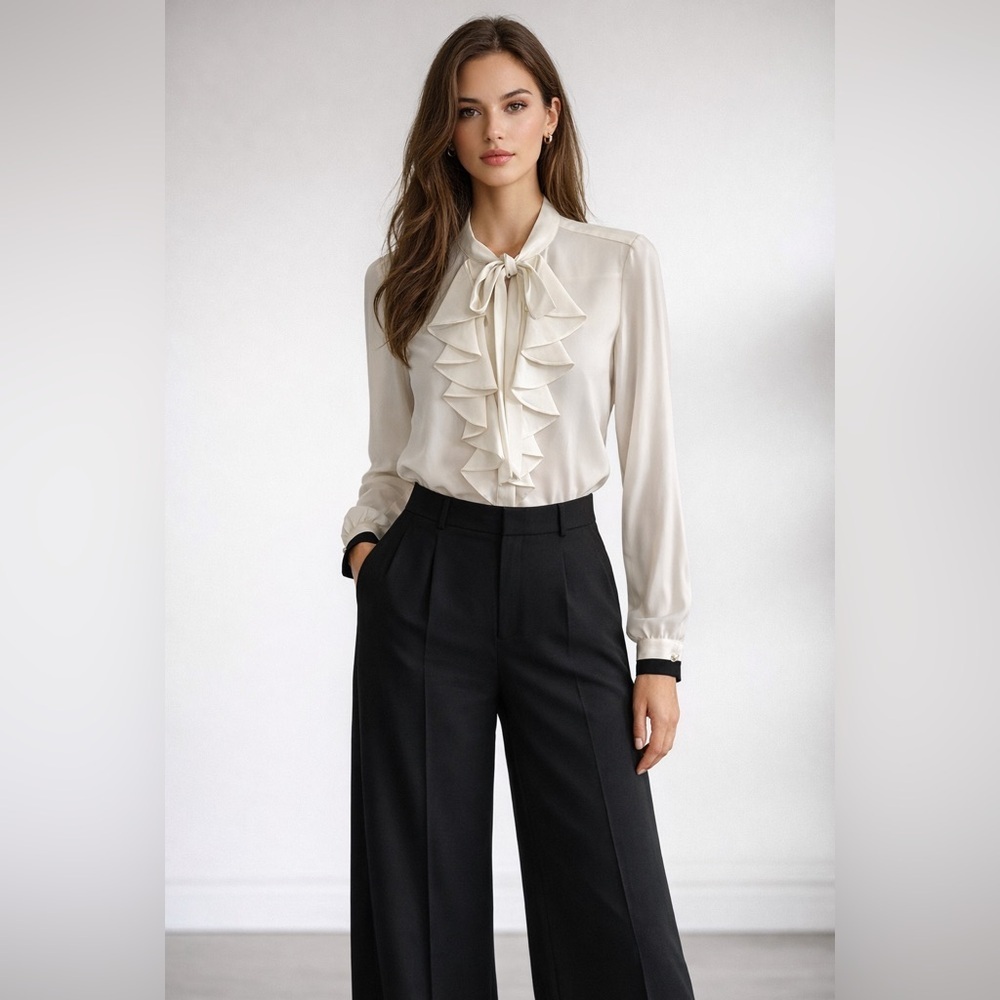 Calvin Klein -White Ruffle Front Biw Neck Top - S